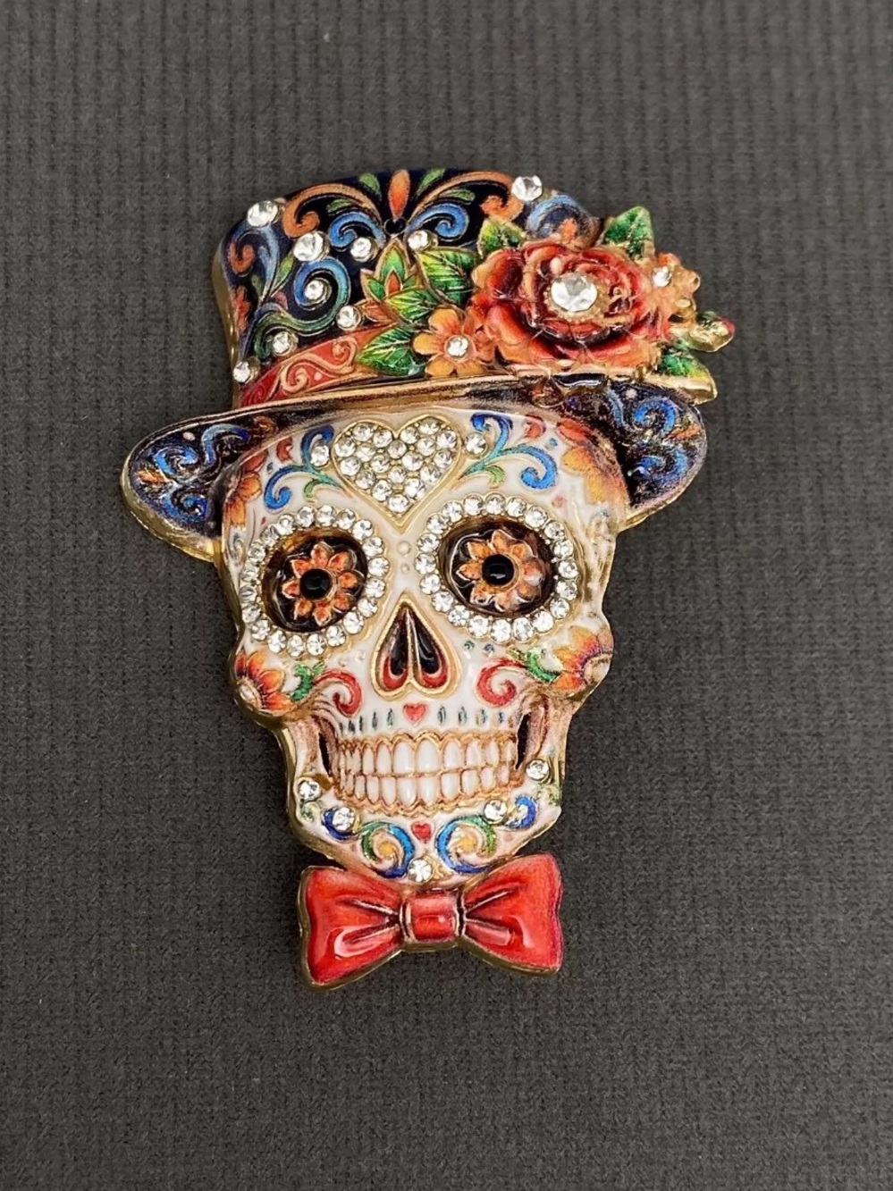 Bougie Colorful Rhinestone Sugar Skull Brooch with Red Bowtie